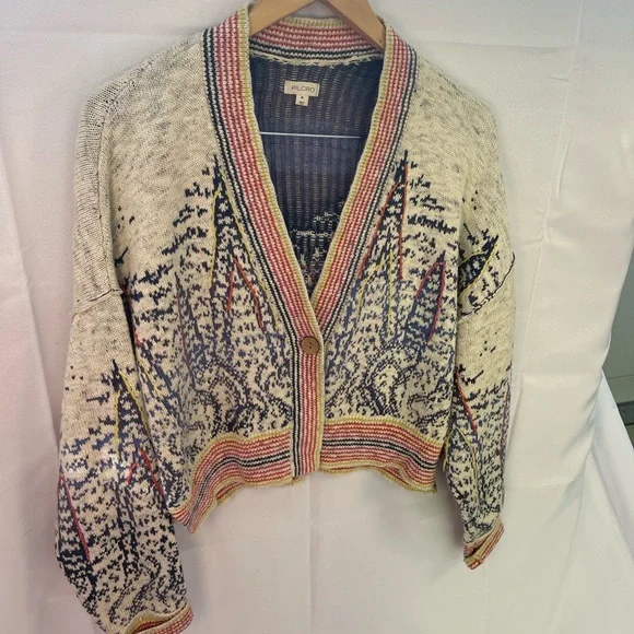 Pilcro Anthropology Cropped Cardigan Sweater Cream and Blue Medium - Picture 2 of 11